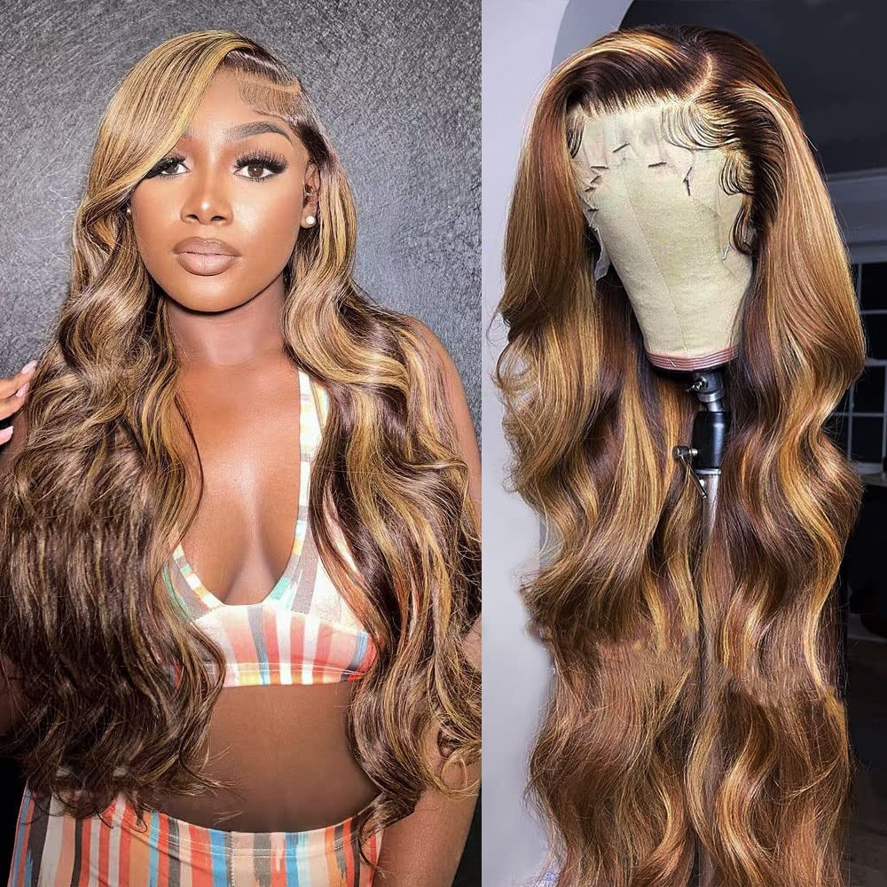 30 Inch Ombre Lace Front Wigs Human Hair Pre Plucked with Baby Hair Highlight 13X4 Body Wave Lace Front Wigs Human Hair 180% Density 4/27 Color Honey Blonde Lace Front Wigs