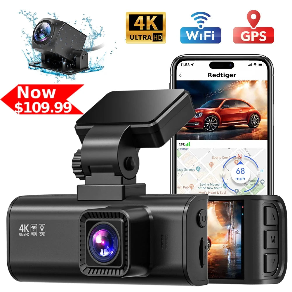 Dash Cam 4K, Dashcam Front and Rear with Wifi & GPS, 4K/2.5K Front+1080P Rear Car Camera with Night Vision, 3.18'' LCD Screen, Loop Recording, Black