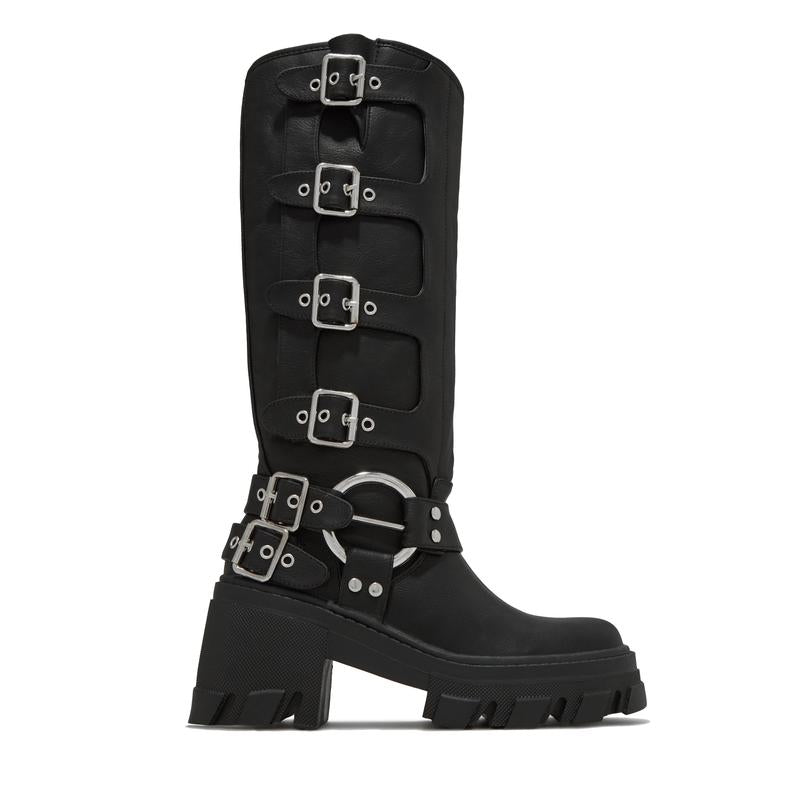 Alix Knee High Buckle Combat Boots - Black