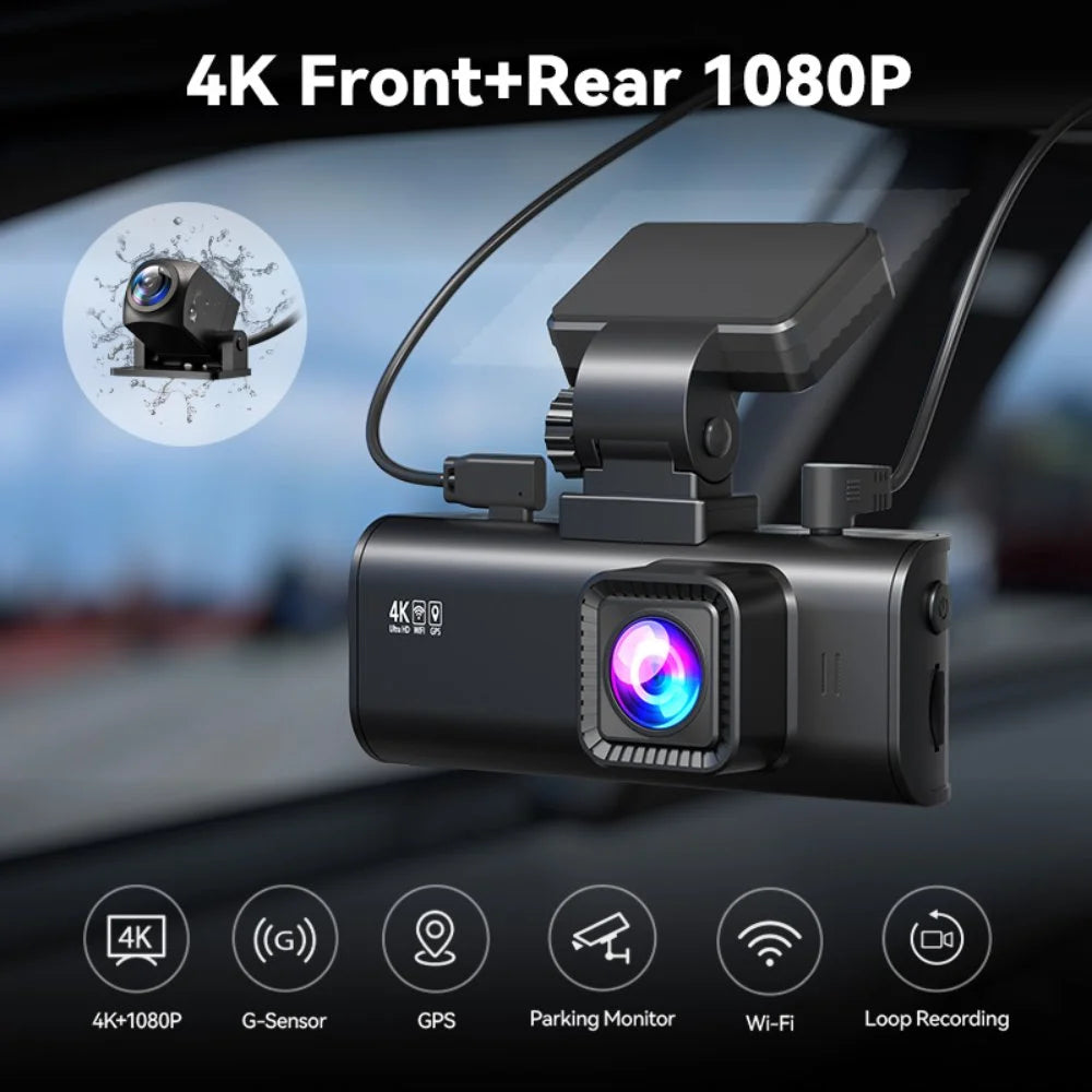 Dash Cam 4K, Dashcam Front and Rear with Wifi & GPS, 4K/2.5K Front+1080P Rear Car Camera with Night Vision, 3.18'' LCD Screen, Loop Recording, Black