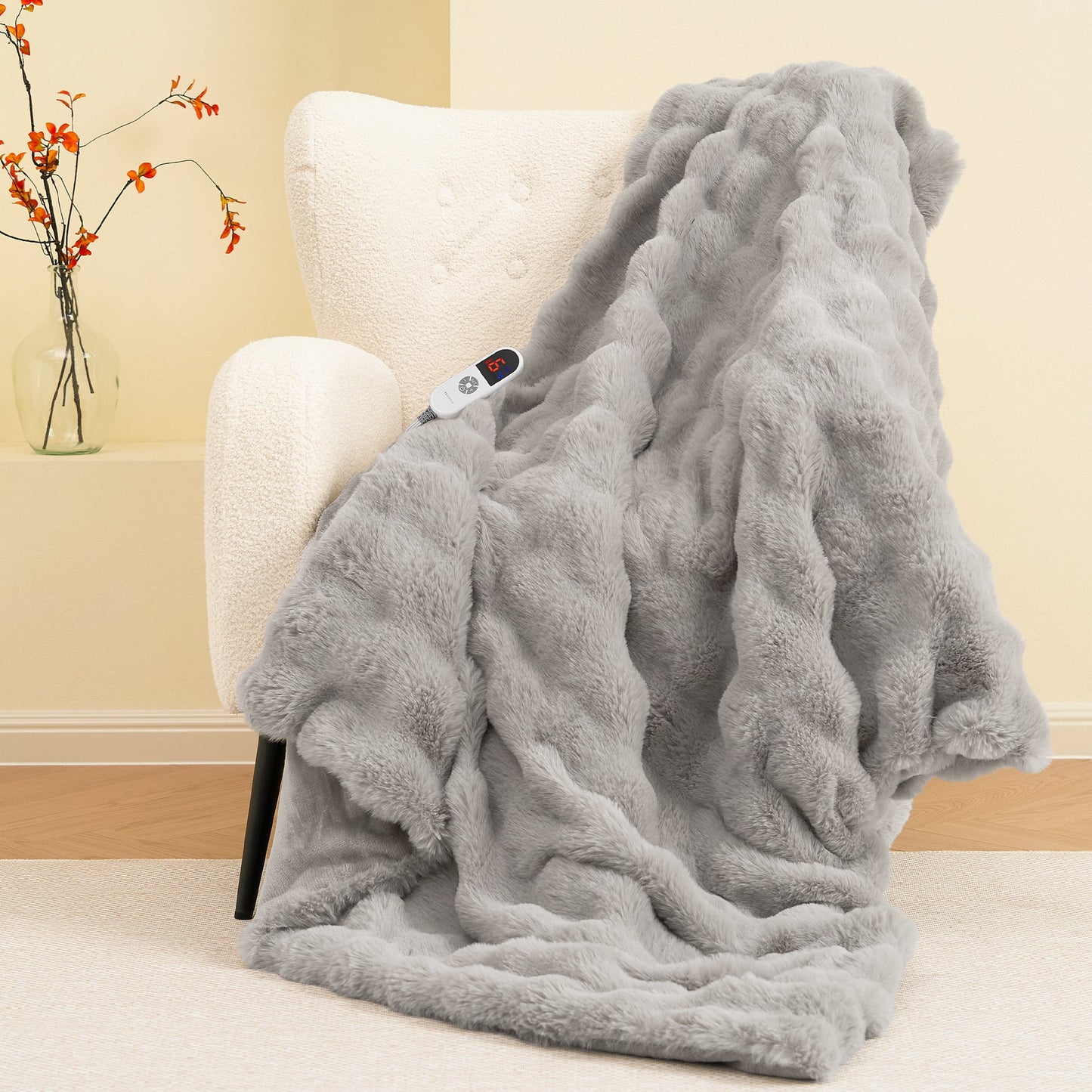 Electric Throw Blanket 50"X60", Faux Fur Heated Throw, 6 Heating Levels, 4 Hours Timer, Machine Washable, Gray