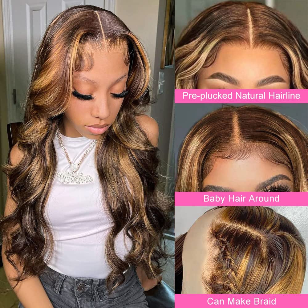 30 Inch Ombre Lace Front Wigs Human Hair Pre Plucked with Baby Hair Highlight 13X4 Body Wave Lace Front Wigs Human Hair 180% Density 4/27 Color Honey Blonde Lace Front Wigs