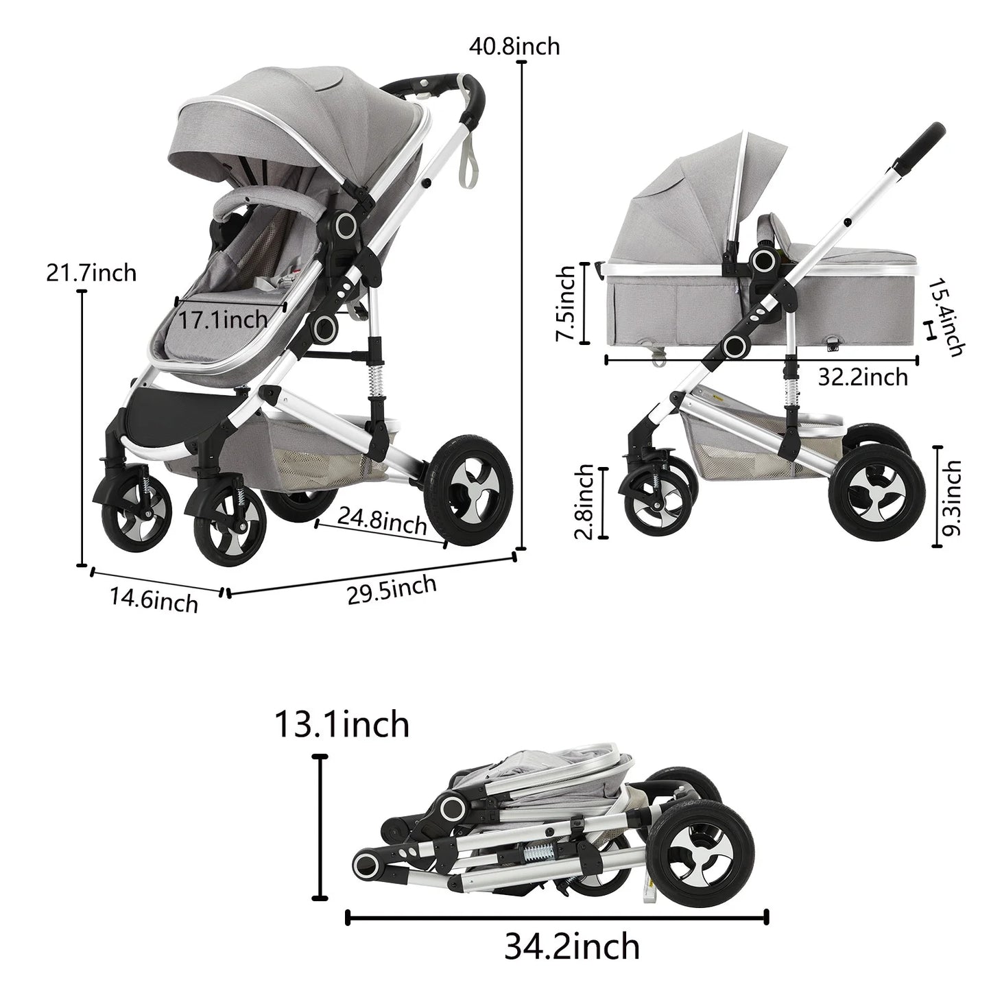 3-In-1 Convertible Baby Stroller, Folding Newborn Stroller with Big Seat, 21LB, Light Grey