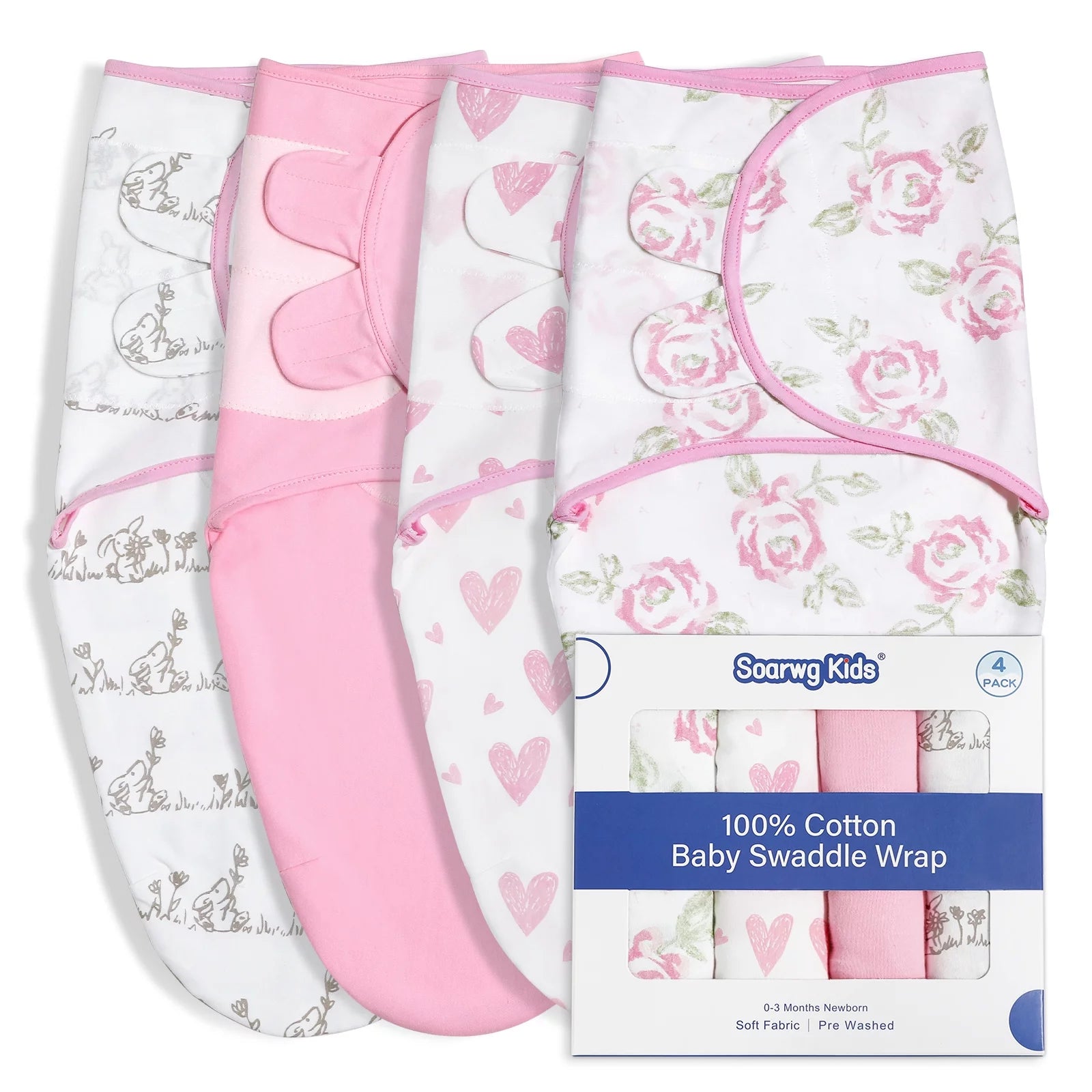 Organic Cotton Swaddle Blankets 4-Pack for 0-3 Months Newborn Girls, Pink Floral