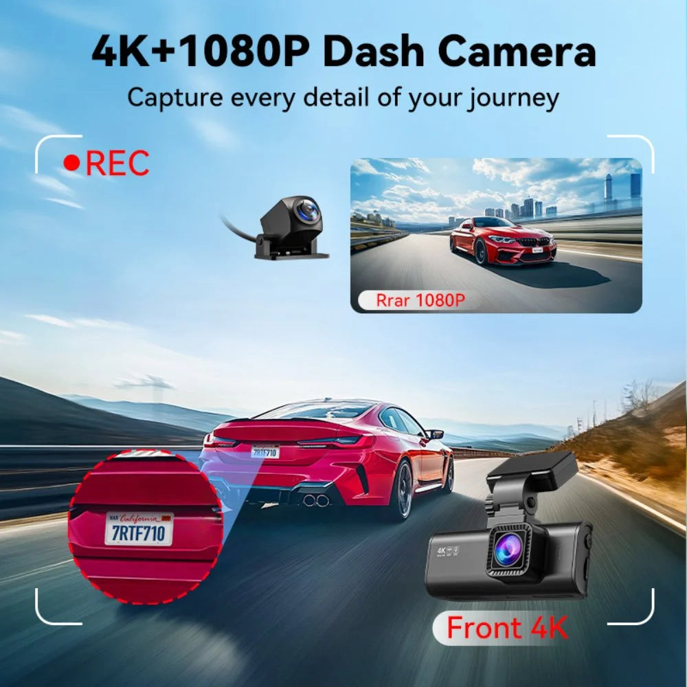 Dash Cam 4K, Dashcam Front and Rear with Wifi & GPS, 4K/2.5K Front+1080P Rear Car Camera with Night Vision, 3.18'' LCD Screen, Loop Recording, Black