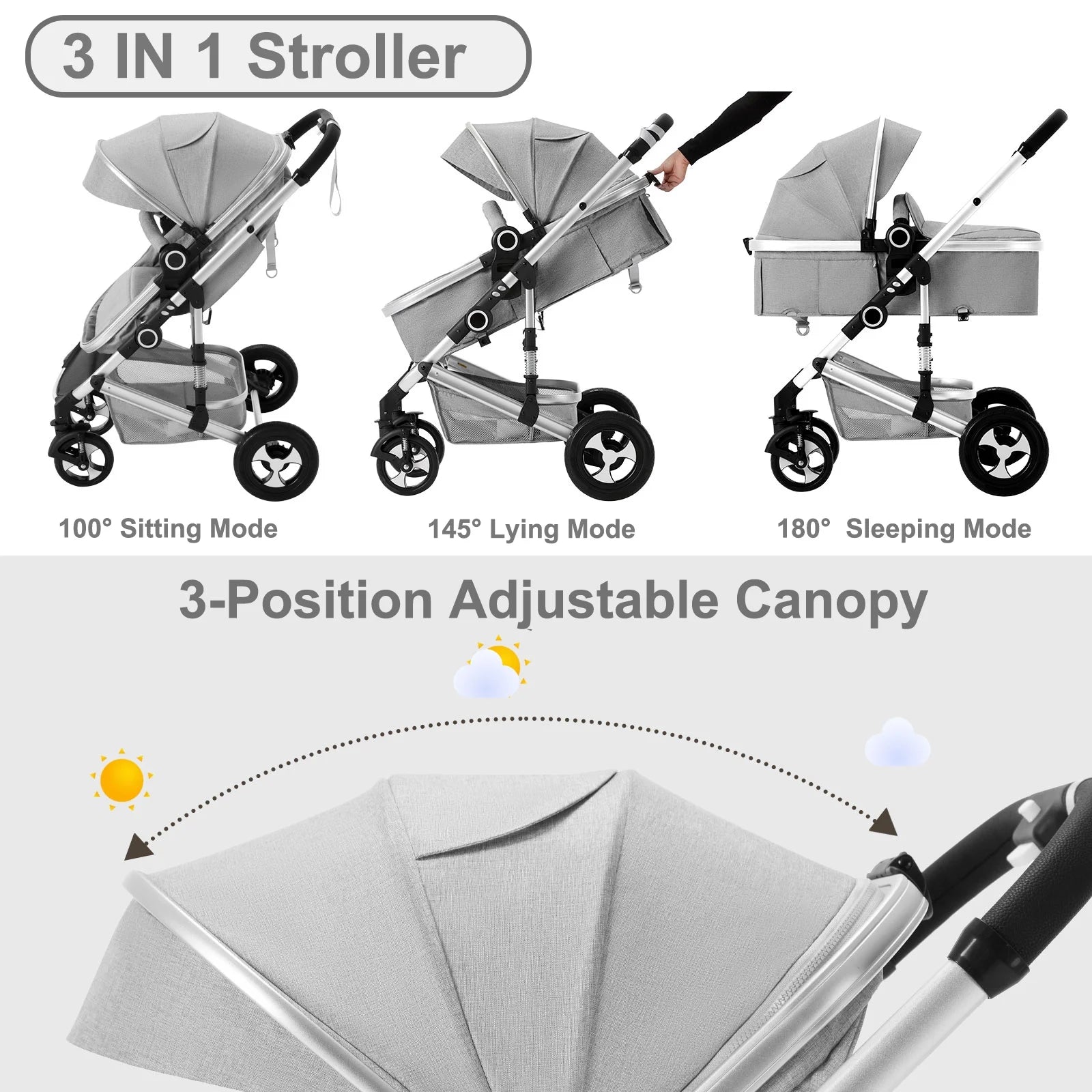 3-In-1 Convertible Baby Stroller, Folding Newborn Stroller with Big Seat, 21LB, Light Grey