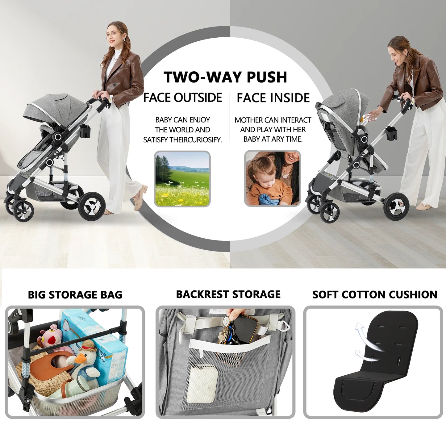 3-In-1 Convertible Baby Stroller, Folding Newborn Stroller with Big Seat, 21LB, Light Grey