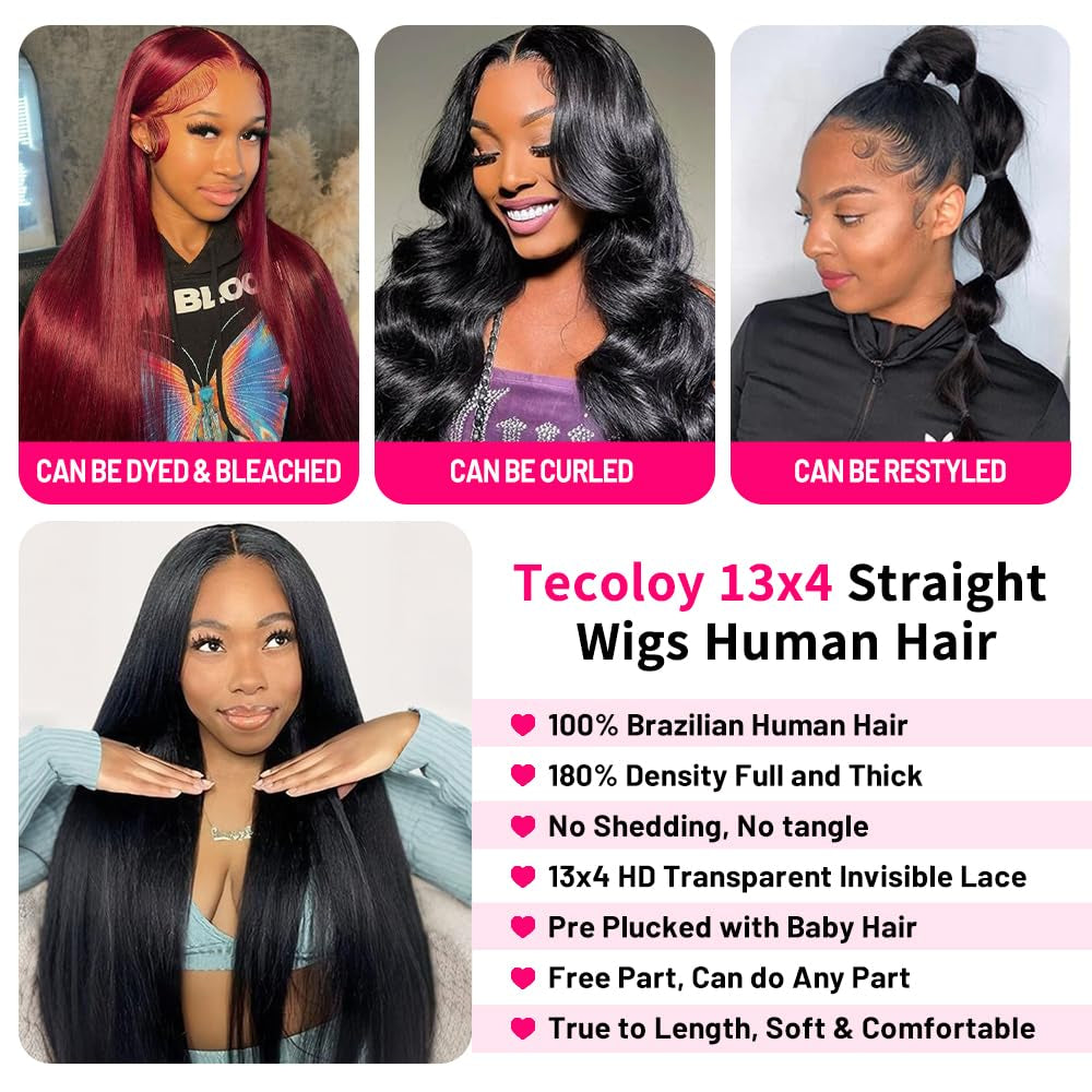 Wigs Human Hair Straight Lace Front Human Hair Wig 30 Inch 13X4 HD Transparent Lace Frontal Wig for Women Pre Plucked with Baby Hair 180 Density Glueless Natural Black Color