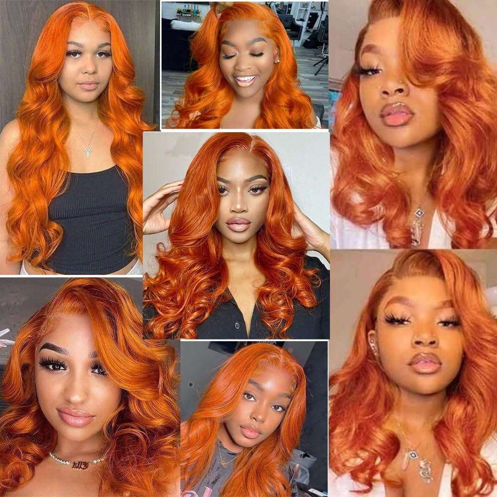 22 Inch Orange Lace Front Wigs Human Hair Body Wave 4X4 Hd Transparent Lace Closure Wig Brazilian Human Hair Pre Plucked with Baby Hair Glueless Wig Human Hair #350 Ginger Colored