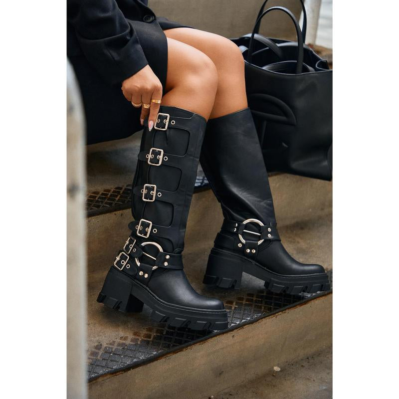 Alix Knee High Buckle Combat Boots - Black