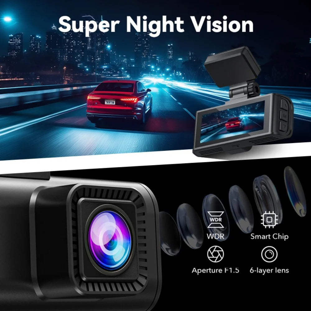 Dash Cam 4K, Dashcam Front and Rear with Wifi & GPS, 4K/2.5K Front+1080P Rear Car Camera with Night Vision, 3.18'' LCD Screen, Loop Recording, Black