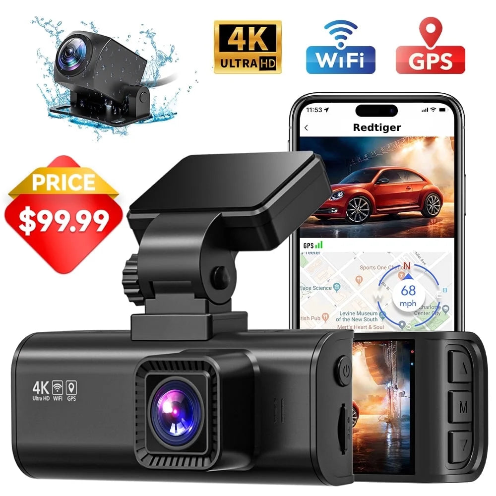 Dash Cam 4K, Dashcam Front and Rear with Wifi & GPS, 4K/2.5K Front+1080P Rear Car Camera with Night Vision, 3.18'' LCD Screen, Loop Recording, Black