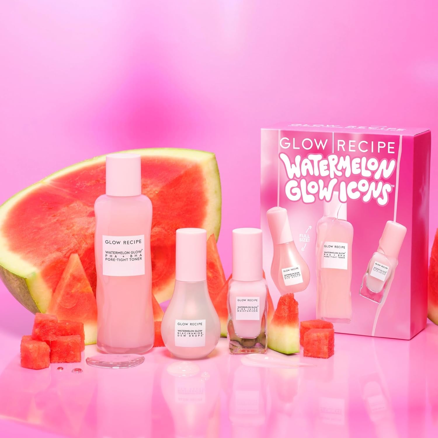 Watermelon Glow Icons Skin Care Gift Set - Niacinamide Dew Drops Face Serum + PHA + BHA Pore Minimizing Toner with Hyaluronic Acid + Pink Juice Facial Moisturizer (3 Count)