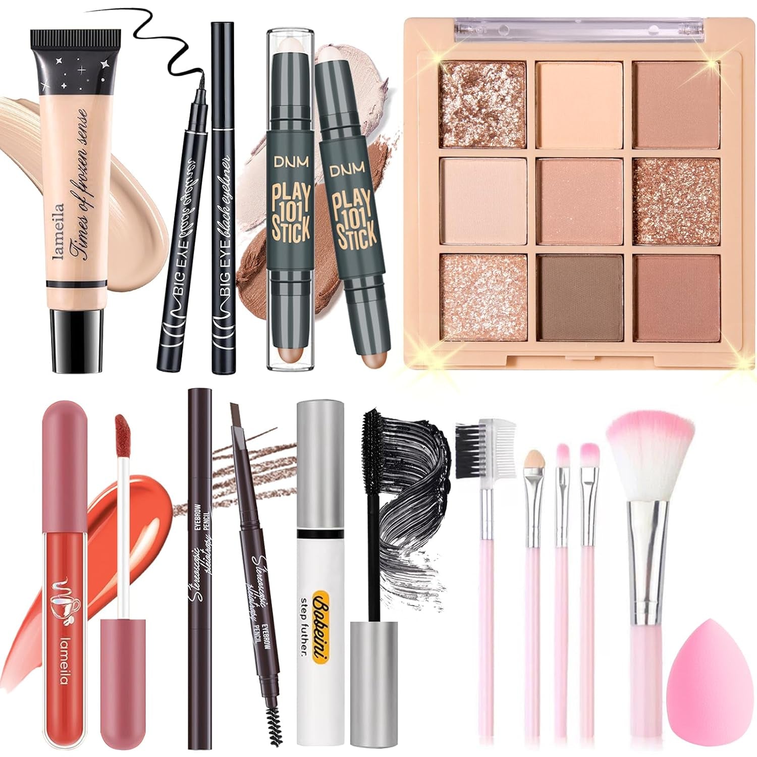 Makeup Set Kit for Women Girls Teens, Makeup Present Set, Includes 9 Color Eyeshadow, Counter Stick, Foundation, Eyebrow Pencil, Eyeliner, Mascara, Lip Gloss, 5Pcs Brushes, Sponge