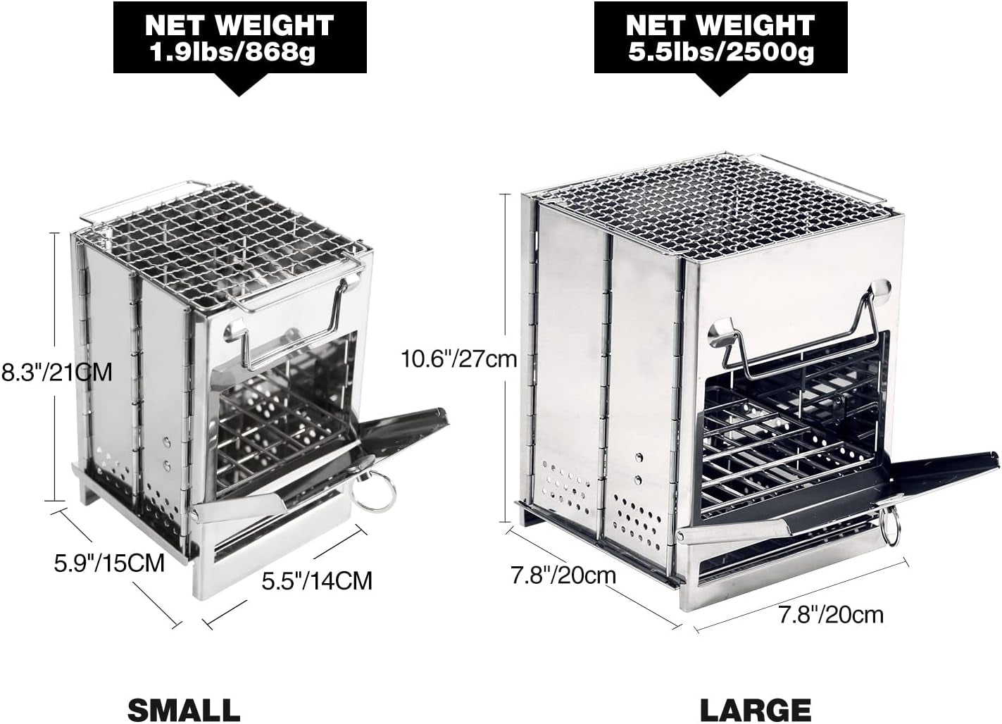 Wood Burning Folding Camp Stove Stainless Steel Grid, Portable Collapsible Backpacking Stove Survival Rocket Stove for Hiking Outdoor Tent Camping Picnic BBQ, Samll