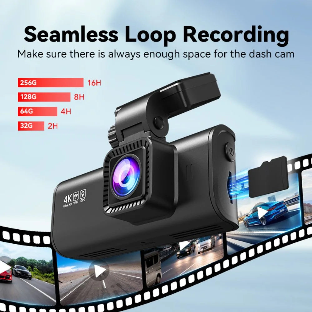 Dash Cam 4K, Dashcam Front and Rear with Wifi & GPS, 4K/2.5K Front+1080P Rear Car Camera with Night Vision, 3.18'' LCD Screen, Loop Recording, Black