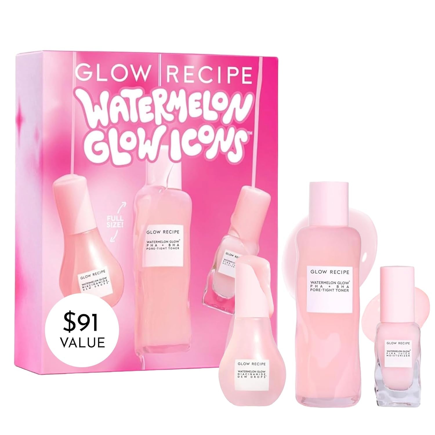 Watermelon Glow Icons Skin Care Gift Set - Niacinamide Dew Drops Face Serum + PHA + BHA Pore Minimizing Toner with Hyaluronic Acid + Pink Juice Facial Moisturizer (3 Count)