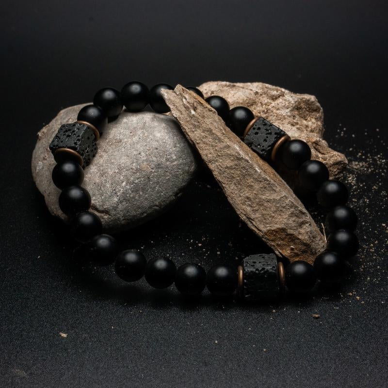 Onyx and Cubed Lava Beaded Bracelet